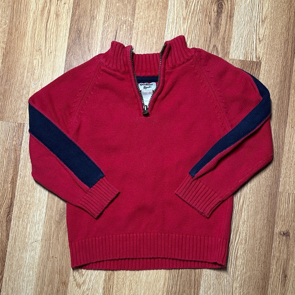 OshKosh B’gosh Red Quarter Zip Sweater with Navy Sleeve Stripes Size 4